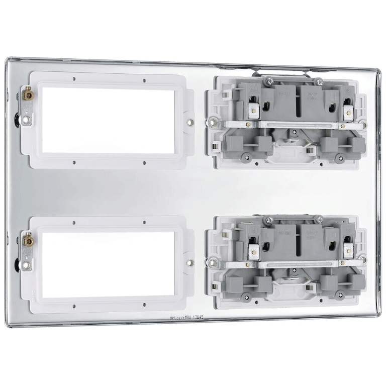 Combination Plate 2 x 13A Switched Socket + 8 Module Aperture Polished Chrome