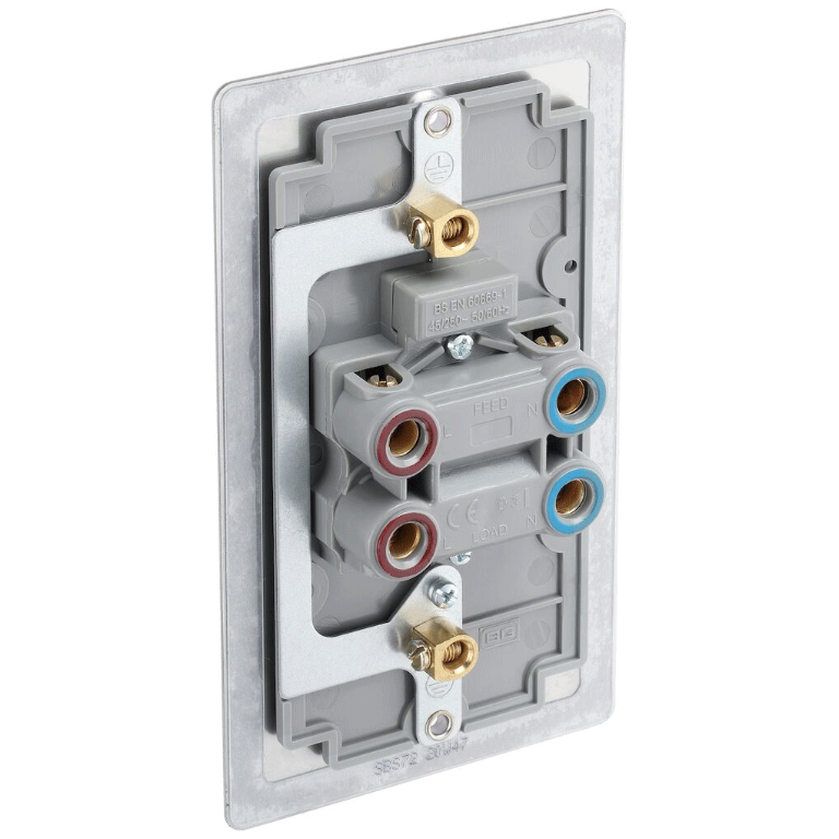 Flat Plate 45A Double Pole Switch With Neon Indicator Brushed Steel