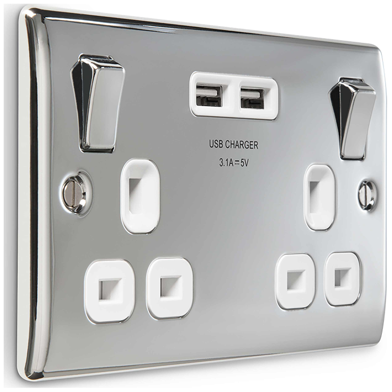Nexus 2 Gang 13A Switched Socket With USB Polished Chrome
