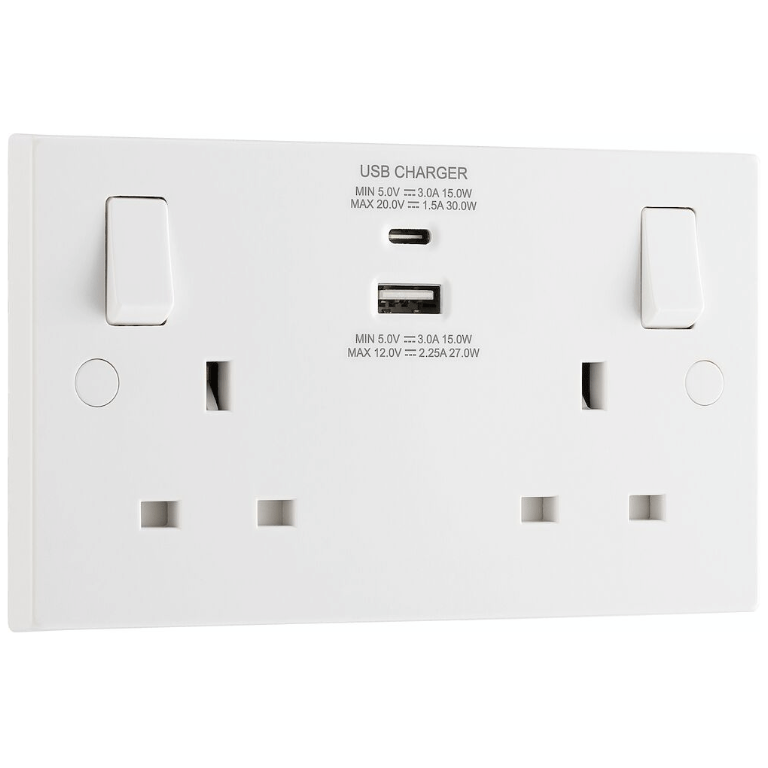13A Switched Socket With USB A + C 30W White