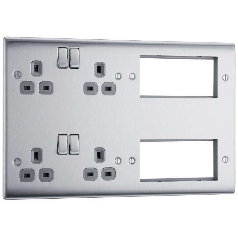 Combination Plate 2 x 13A Switched Socket + 8 Module Aperture Brushed Steel