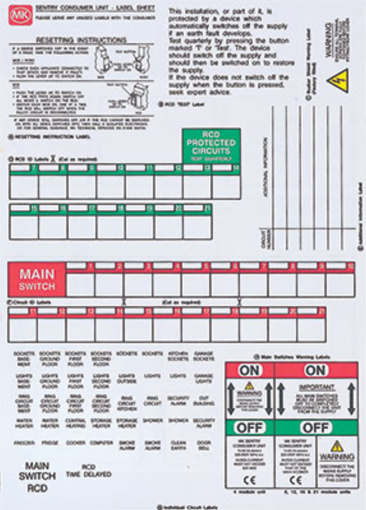 CIRC H5599S Consumer Unit Labels Sheet