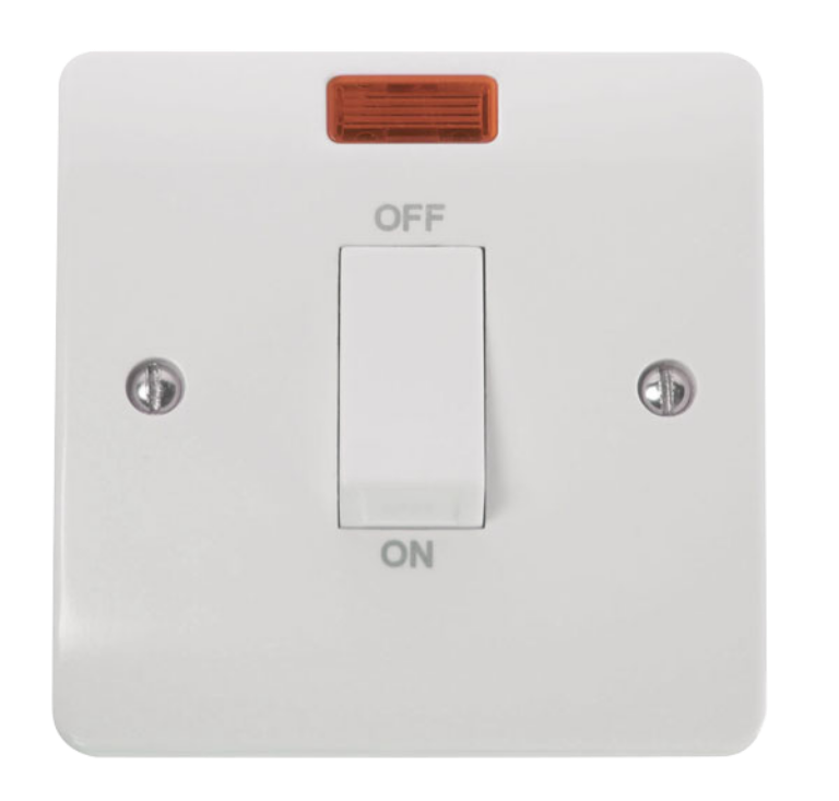 Single Control Switch 45A With White Rocker & Neon 1 Gang