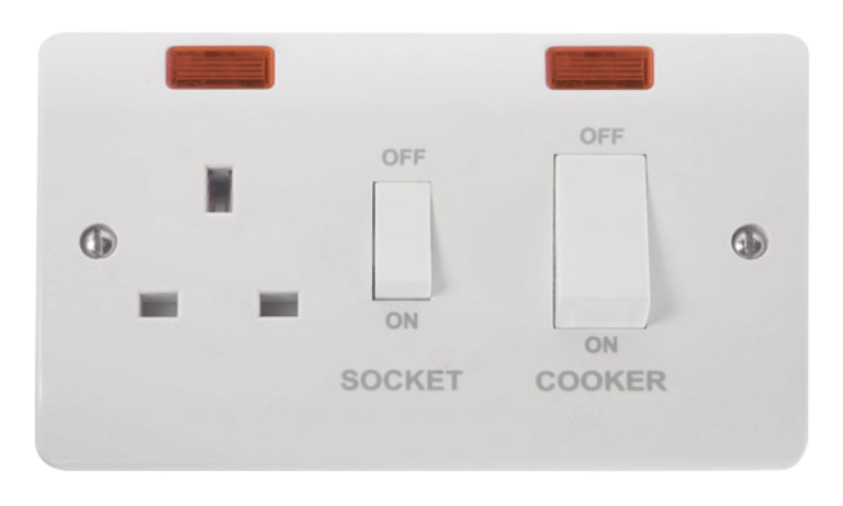 Cooker Control Unit 45A With Switched 13A Socket White Rockers & Neon 2 Gang