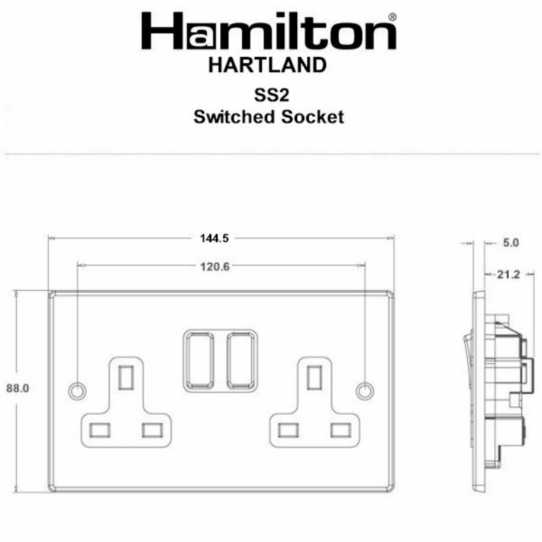 Hamilton Hartland Satin Stainless 2 Gang 13A Double Pole Switched Socket with Satin Stainless Inserts + Black Surround