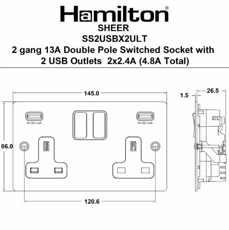 Hamilton Sheer Satin Stainless 84SS2USBULTSS-B Skt USB 2G SP 13A