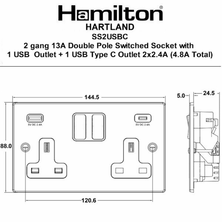 Hamilton Hartland Satin Steel 74SS2USBCSS-W Switched Double Socket USB+C 2G DP SS/Wh