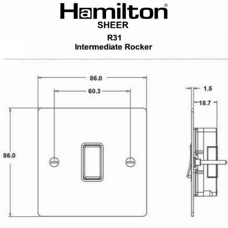 Hamilton Sheer Satin Stainless 1 Gang 10AX Intermediate Rocker Switch with Satin Stainless Inserts + Black Surround