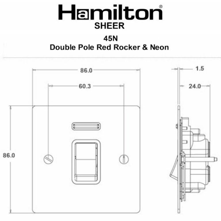 Hamilton Sheer Satin Stainless 1 Gang 45A Double Pole Red Rocker + Neon with White Surrounds