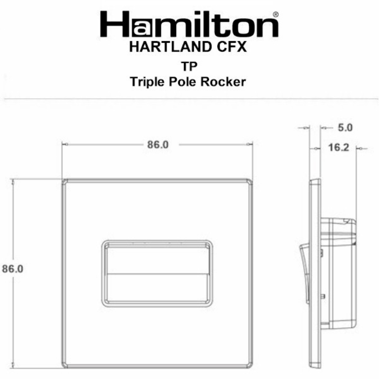 Hamilton Hartland CFX Satin Stainless 1 Gang 10A Triple Pole Rocker Switch with Black Inserts and Black Surround