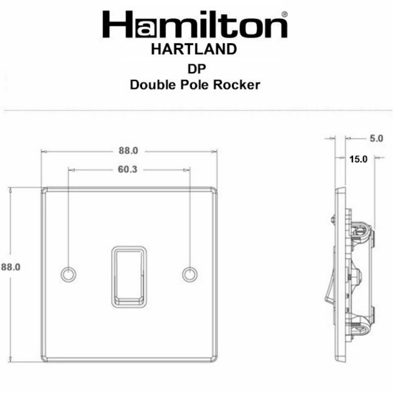 Hamilton Hartland Satin Stainless 1 Gang 20AX Double Pole Rocker Switch with Satin Stainless Inserts + Black Surround