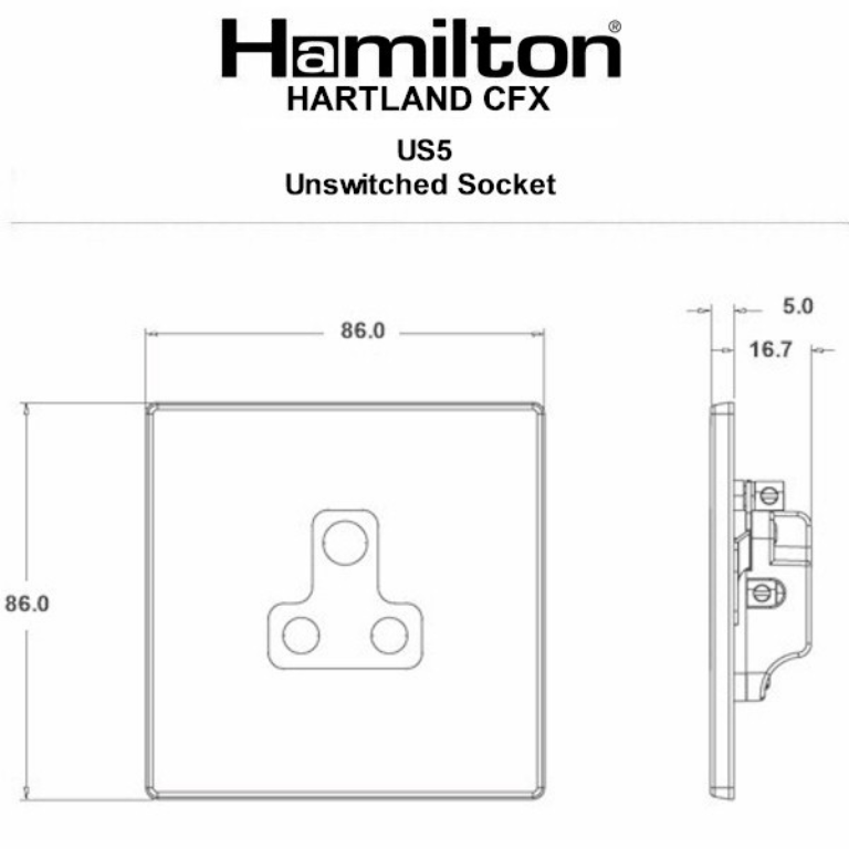 Hamilton Hartland CFX Satin Stainless 1 Gang 5A Unswitched Socket with Black Plastic Inserts and Black Surrounds