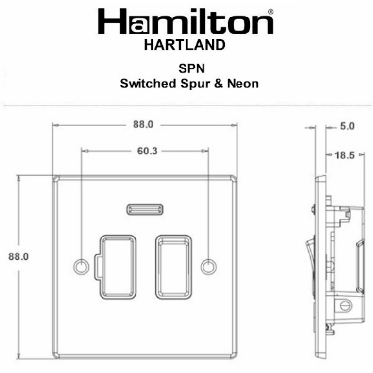 Hamilton Hartland Satin Stainless 1 Gang 13A Double Pole Fused Spur + Neon with Satin Stainless Inserts + Black Surround