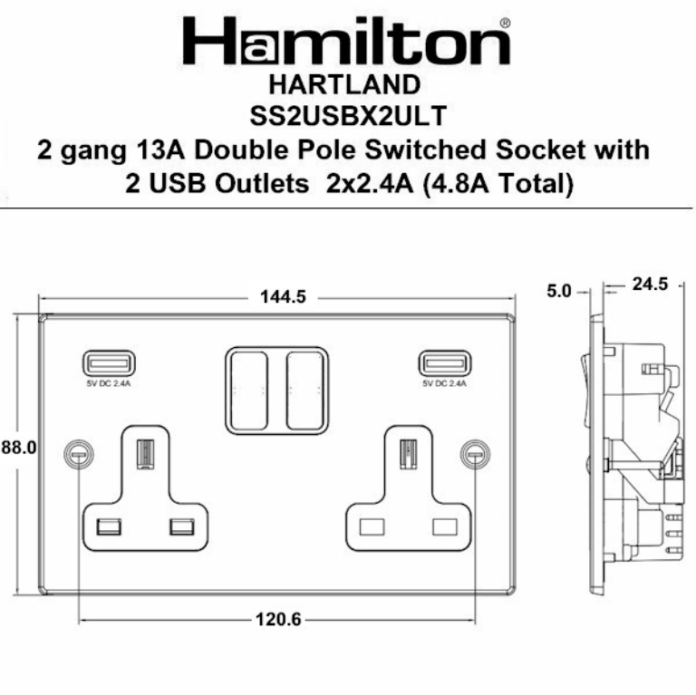 Hamln 74SS2USBULTSS-W Skt USB 2G SP 13A