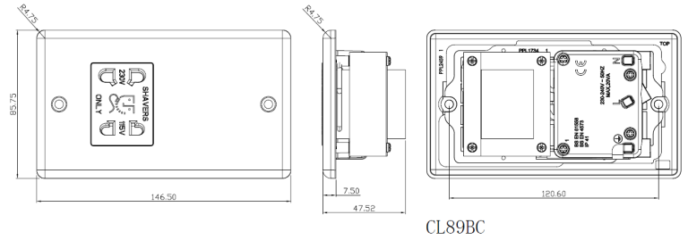 MLA CL89BC 2G 100/230V SHAVER SOCKET OUTLET | BRUSHED CHROME  | BLACK INSERTS