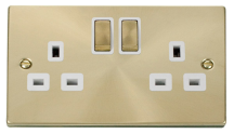 Socket Ingot 2 Gang Double Pole Switched 13A Satin Brass White