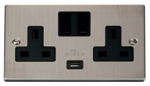 Victorian Stainless Steel Black Insert 13A 2 Gang Switched Socket Outlet With Single 21A USB Outlet