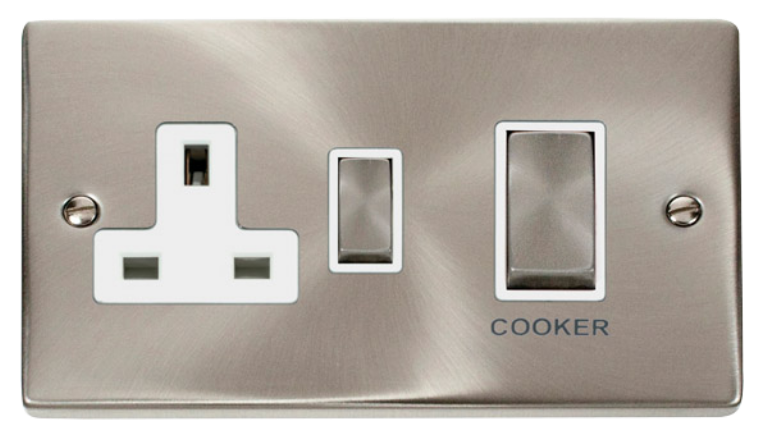 Cooker Control Switch 45A With Switched 13A Socket In Satin Chrome & White