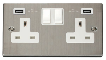 Victorian Stainless Steel White Insert 13A 2 Gang Switched Socket Outlet With Twin USB (Total 42A) Outlets