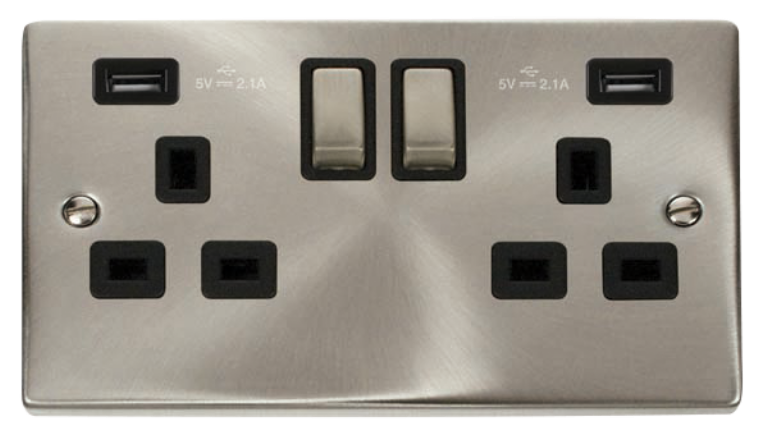 Double Switched 13A Socket With Twin 2.1A USB Satin Chrome & Black Insert
