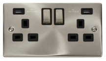 Scolmore Click Deco 13A 2 Gang Switched Socket with Twin 2.1A USB Metal / Black Insert Satin Chrome