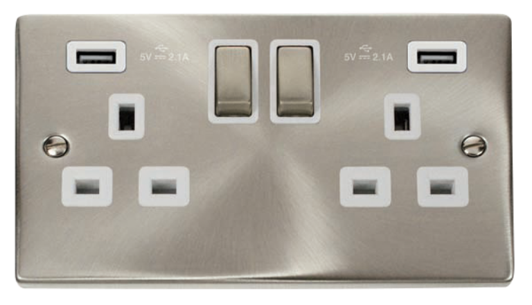Double Switched 13A Socket With Twin 2.1A USB Satin Chrome & White Insert
