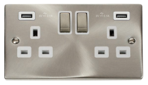 Scolmore Click Deco 13A 2 Gang Switched Socket with Twin 2.1A USB Metal / White Insert Satin Chrome