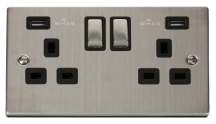 Victorian Stainless Steel Black Insert 13A Ingot 2 Gang Switched Socket Outlet With Twin USB (Total 42A) Outlets