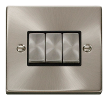 Scolmore Click Deco 10A 3 Gang 2 Way Switch Metal / Black Insert Satin Chrome