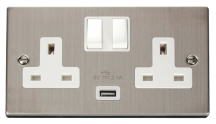 Victorian Stainless Steel White Insert 13A 2 Gang Switched Socket Outlet With Single 21A USB Outlet