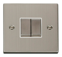 Plate Switch 2 Gang 2 Way 10A Stainless Steel White Insert Victorian