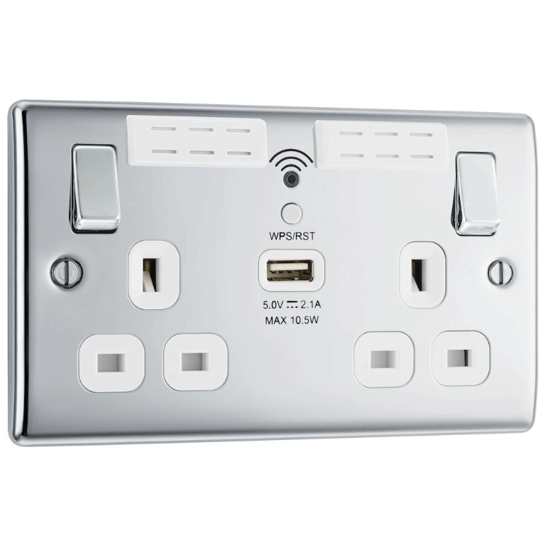 BG Nexus Wi-Fi Socket Range Extender Plus USB Port - Polished Chrome