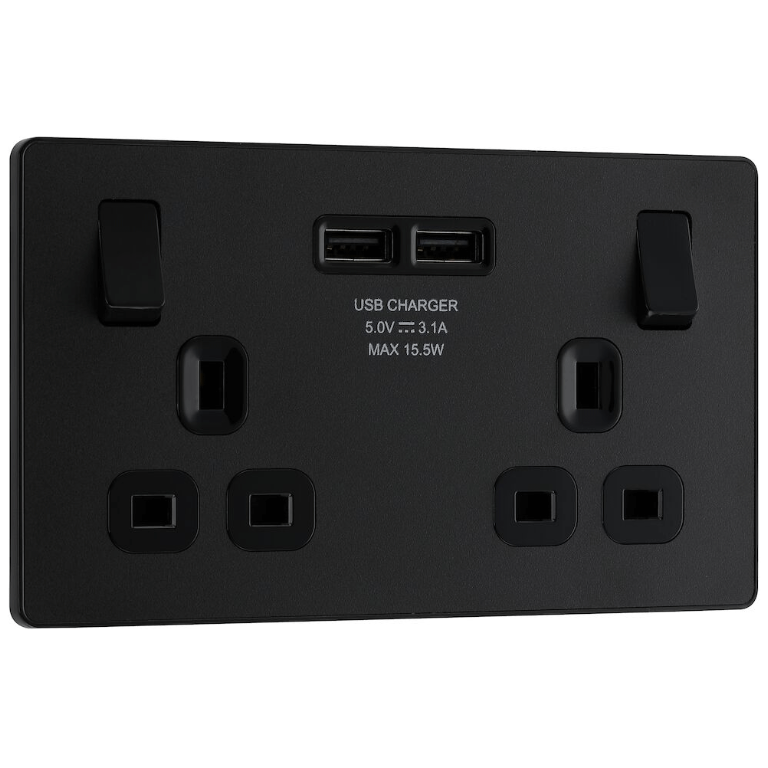 Switched Socket 13A 2 Gang With USB Matt Black