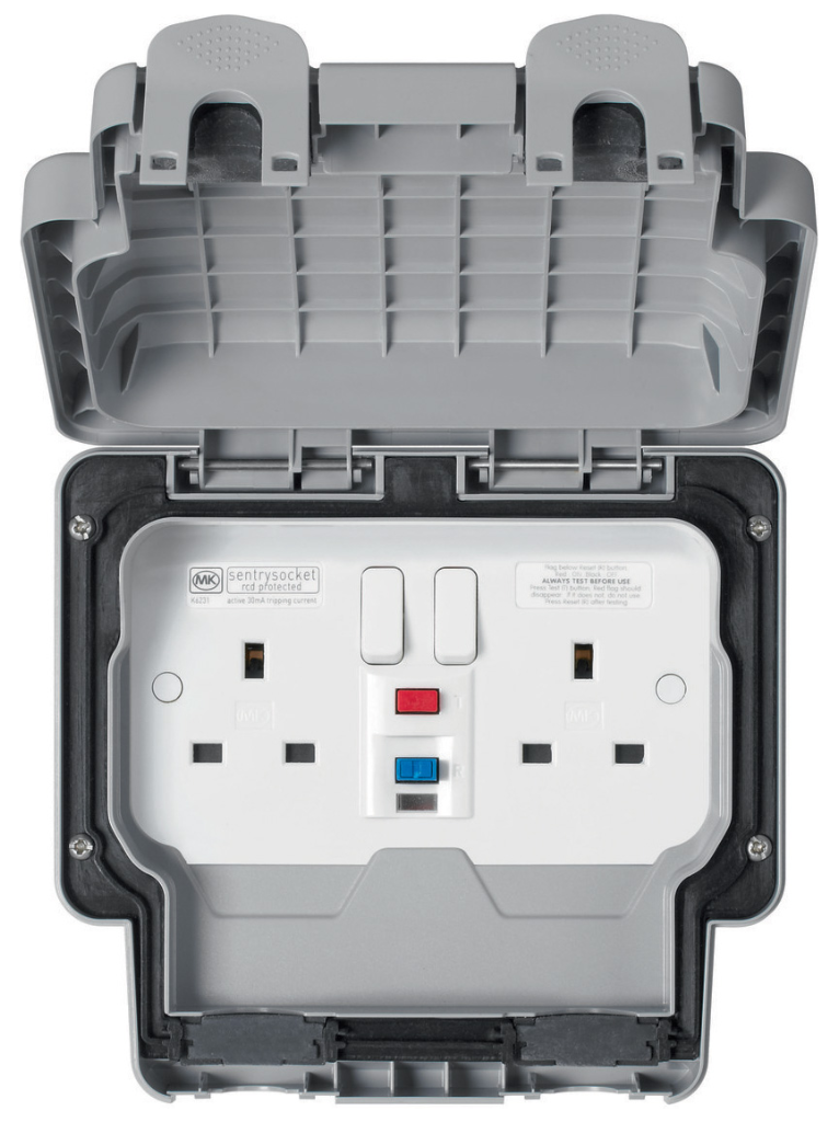 MK Masterseal K56231GRY 2 Gang DP RCD Protected Switched Socket IP56 13A 30mA Active In Grey