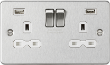 Flat plate 13A 2G switched socket with dual USB charger 2.4A - brushed chrome with white insert