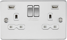 Flat plate 13A 2G switched socket with dual USB charger 2.4A - polished chrome with white insert