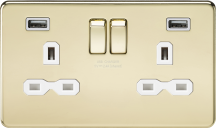 13A 2G Switched Socket with Dual USB Charger 2.4A - Polished Brass with White Insert