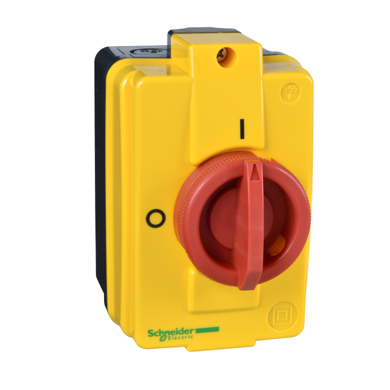 Enclosed Isolator 10A 3 Pole Red Handle, Yellow Box