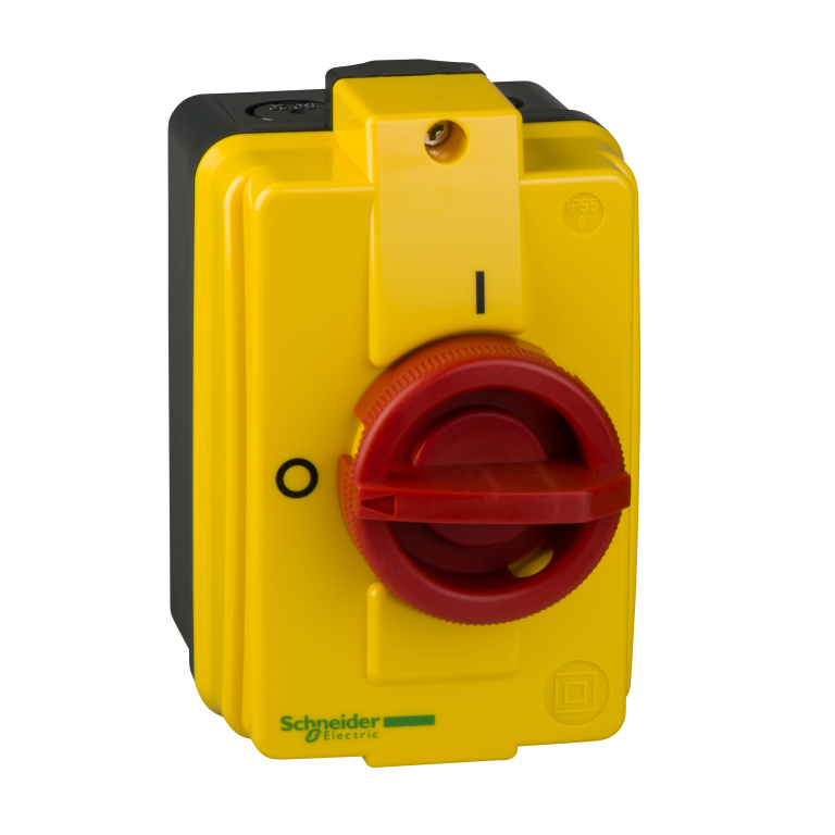 Enclosed Isolator 32A 3 Pole Red Handle, Yellow Box