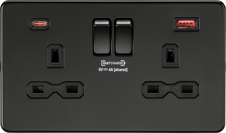 MLA SFR9909MBB 2G DP SWITCHED SOCKET OUTLET + TWIN USB | MATT BLACK | SCREWLESS